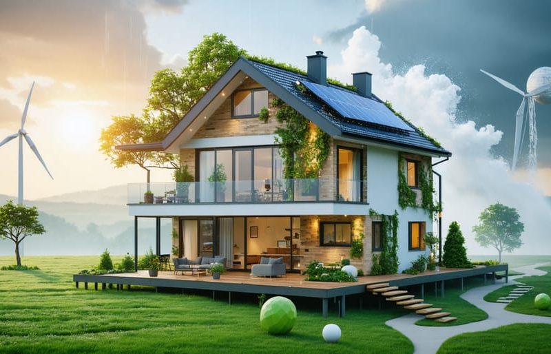 Conceptual depiction of a modern home protected by a transparent shield, symbolizing climate resilience and sustainable building design. Elements such as enhanced insulation, solar panels, and structural connections are visible in the design.