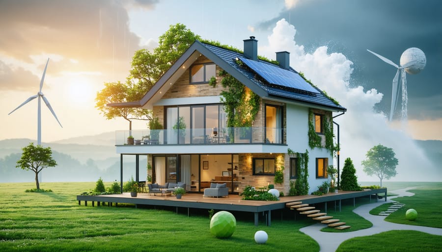 Conceptual depiction of a modern home protected by a transparent shield, symbolizing climate resilience and sustainable building design. Elements such as enhanced insulation, solar panels, and structural connections are visible in the design.