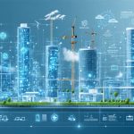 A futuristic cityscape showcasing modern infrastructure with integrated HVAC systems, renewable energy sources, and smart technology interfaces, emphasizing sustainable and climate-resilient construction practices.