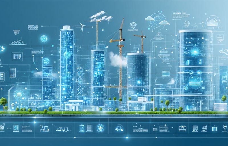A futuristic cityscape showcasing modern infrastructure with integrated HVAC systems, renewable energy sources, and smart technology interfaces, emphasizing sustainable and climate-resilient construction practices.