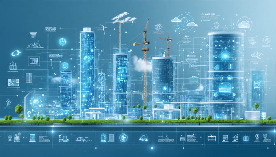 A futuristic cityscape showcasing modern infrastructure with integrated HVAC systems, renewable energy sources, and smart technology interfaces, emphasizing sustainable and climate-resilient construction practices.