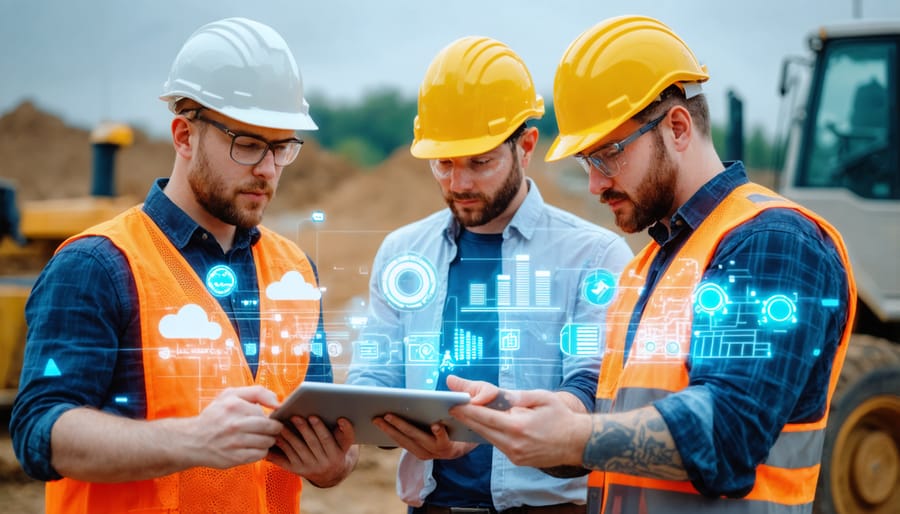 Construction professionals collaborating using cloud-based project management tools on mobile devices