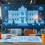 A team of architects and designers engaging in a collaborative meeting around a digital screen displaying blueprints and 3D models. The diverse group reflects the essence of transforming historical buildings into modern community spaces through adaptive reuse.