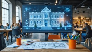 A team of architects and designers engaging in a collaborative meeting around a digital screen displaying blueprints and 3D models. The diverse group reflects the essence of transforming historical buildings into modern community spaces through adaptive reuse.