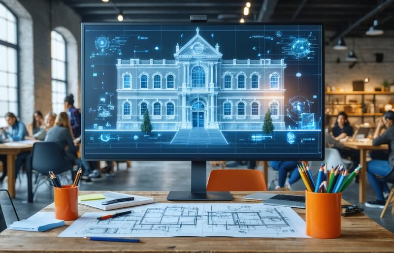 A team of architects and designers engaging in a collaborative meeting around a digital screen displaying blueprints and 3D models. The diverse group reflects the essence of transforming historical buildings into modern community spaces through adaptive reuse.