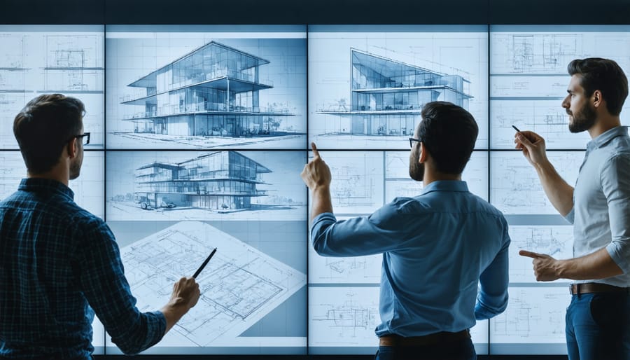 Group of architects and designers working together using interactive digital design tools
