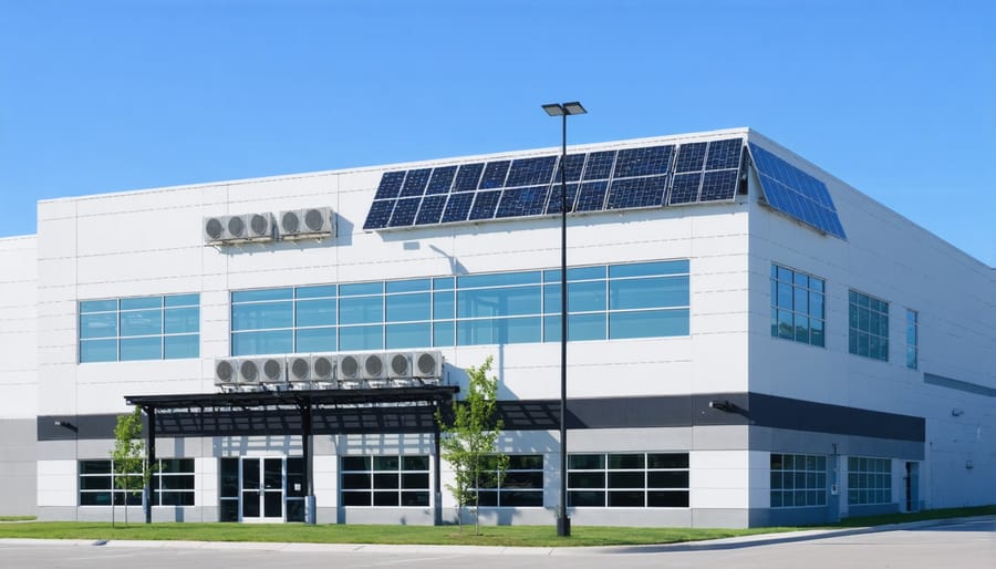 Commercial office building showcasing integrated solar panels and renewable HVAC equipment