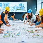 "Diverse group of community members and professionals collaborating over construction designs through blueprints and 3D models in an engaging environment."