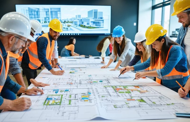 "Diverse group of community members and professionals collaborating over construction designs through blueprints and 3D models in an engaging environment."
