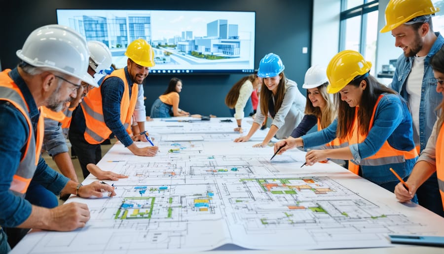 "Diverse group of community members and professionals collaborating over construction designs through blueprints and 3D models in an engaging environment."