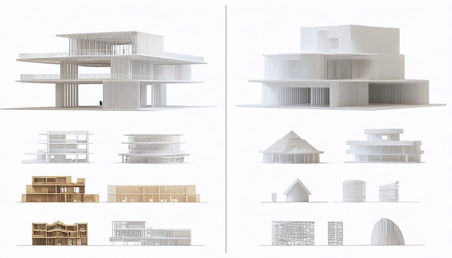 Comparison showing intricate geometric designs achieved through 3D printing versus conventional construction methods