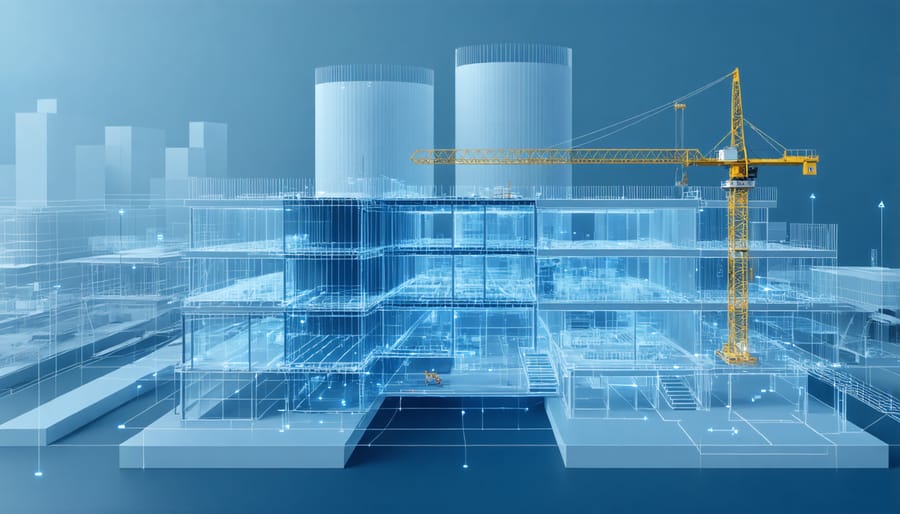 Interactive 3D digital twin model displaying live construction site data and IoT sensor readings