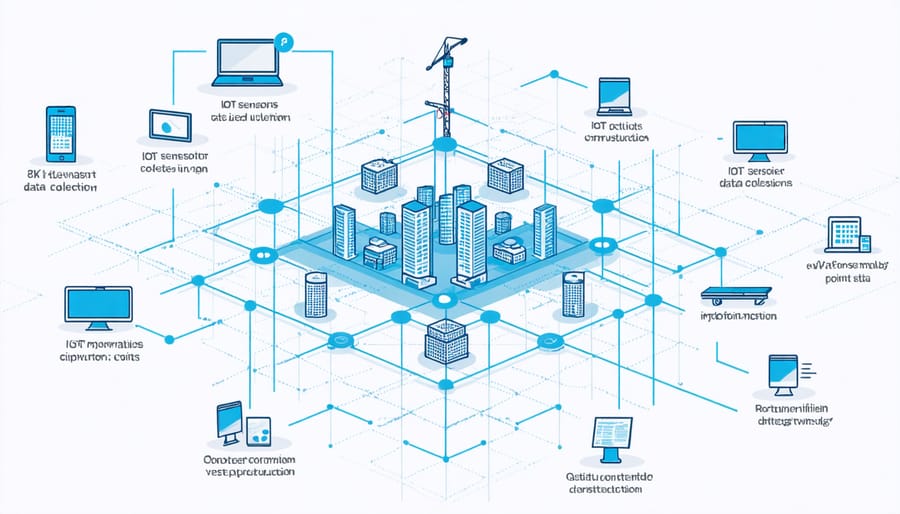 Illustration of construction site IoT sensor network and data collection infrastructure