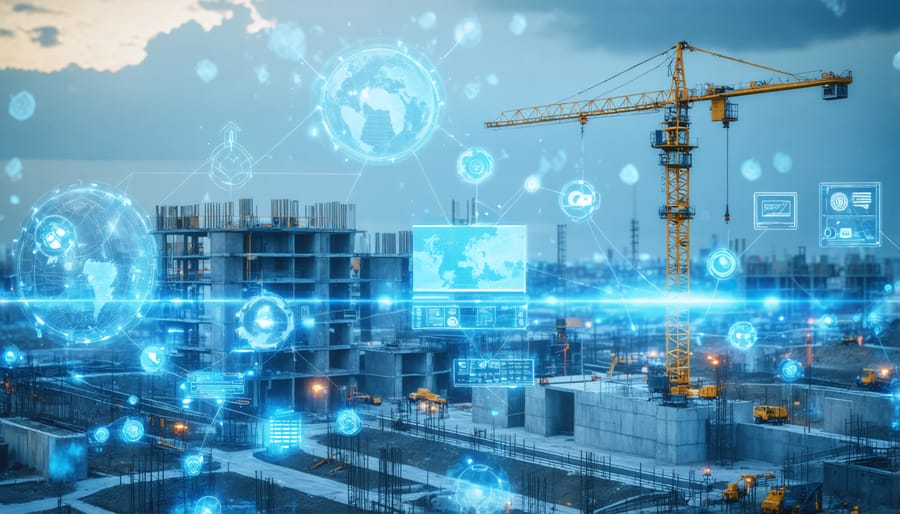 Construction site showing multiple IoT sensors connected through a wireless network with real-time data visualization