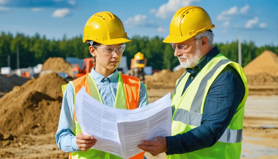 Construction mentor and mentee discussing project plans on-site
