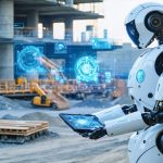 A conceptual image depicting a quality control robot on a construction site, utilizing advanced sensors and AI to inspect building structures, symbolizing the technological revolution in construction accuracy.