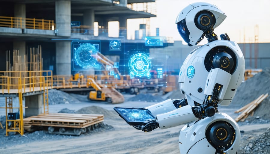 A conceptual image depicting a quality control robot on a construction site, utilizing advanced sensors and AI to inspect building structures, symbolizing the technological revolution in construction accuracy.