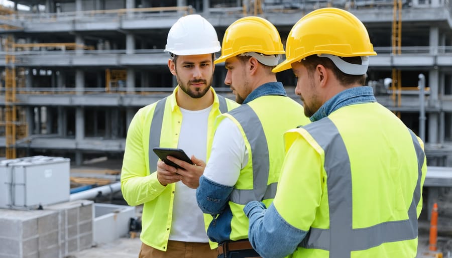 Construction workers using tablets and smartphones to access real-time monitoring system data