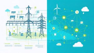Conceptual illustration depicting the evolution of energy infrastructure, contrasting a traditional centralized power grid on the left with a modern decentralized network on the right, featuring smart technology elements like solar panels and wind turbines.