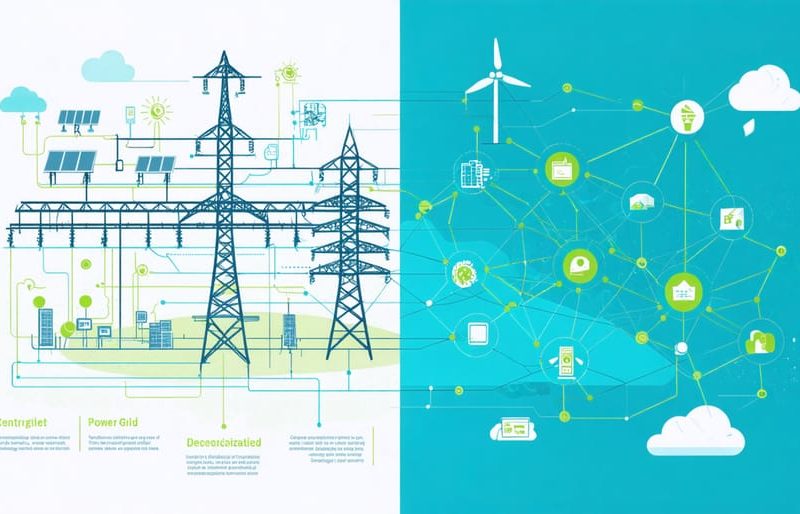 Conceptual illustration depicting the evolution of energy infrastructure, contrasting a traditional centralized power grid on the left with a modern decentralized network on the right, featuring smart technology elements like solar panels and wind turbines.