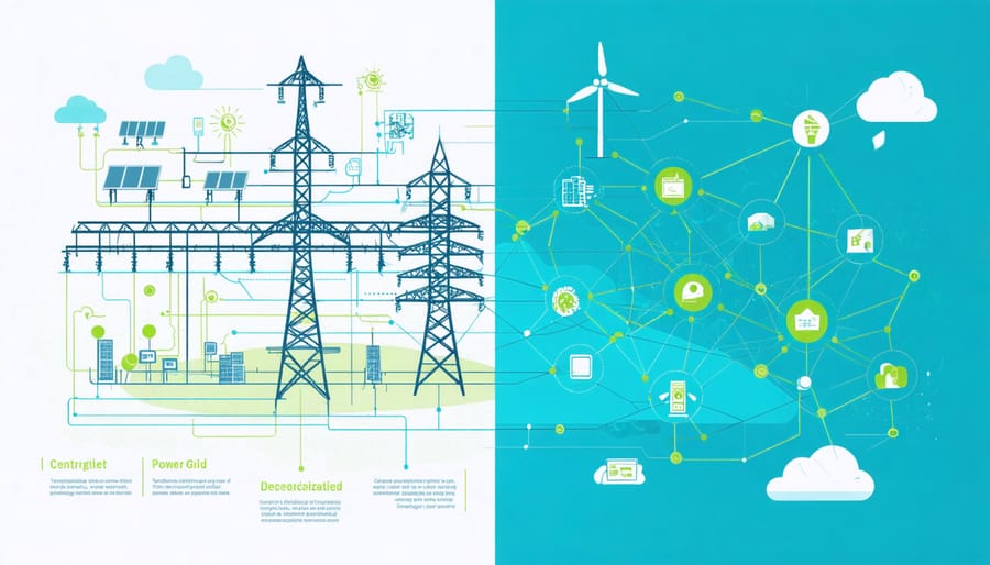 Conceptual illustration depicting the evolution of energy infrastructure, contrasting a traditional centralized power grid on the left with a modern decentralized network on the right, featuring smart technology elements like solar panels and wind turbines.