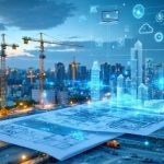 Conceptual image of a digital construction platform interface showing traditional blueprints transitioning into digital displays, with visuals of IoT icons and cloud symbols in a cityscape representing modern construction communication.