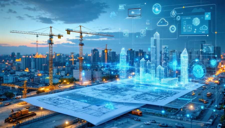 Conceptual image of a digital construction platform interface showing traditional blueprints transitioning into digital displays, with visuals of IoT icons and cloud symbols in a cityscape representing modern construction communication.