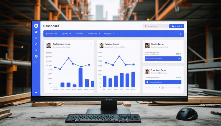 Digital dashboard displaying real-time energy usage graphs, charts, and alerts for various construction equipment