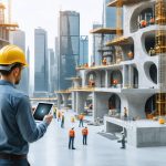 A futuristic cityscape with large-scale 3D printers constructing buildings with complex geometries. Workers are remotely monitoring the construction process, showcasing the innovative impact of 3D printing in modern construction.
