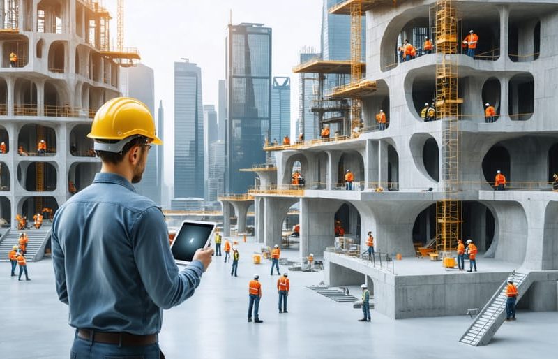 A futuristic cityscape with large-scale 3D printers constructing buildings with complex geometries. Workers are remotely monitoring the construction process, showcasing the innovative impact of 3D printing in modern construction.