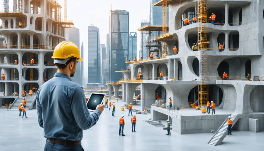 A futuristic cityscape with large-scale 3D printers constructing buildings with complex geometries. Workers are remotely monitoring the construction process, showcasing the innovative impact of 3D printing in modern construction.