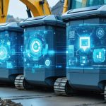 Futuristic construction site showcasing advanced smart waste bins with digital interfaces and connectivity displays, integrated within an eco-friendly environment.