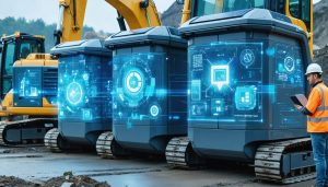 Futuristic construction site showcasing advanced smart waste bins with digital interfaces and connectivity displays, integrated within an eco-friendly environment.