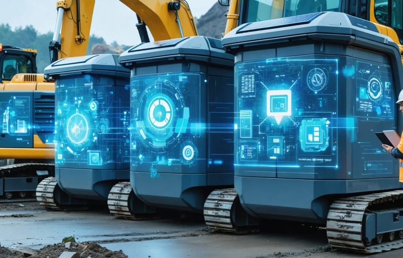 Futuristic construction site showcasing advanced smart waste bins with digital interfaces and connectivity displays, integrated within an eco-friendly environment.