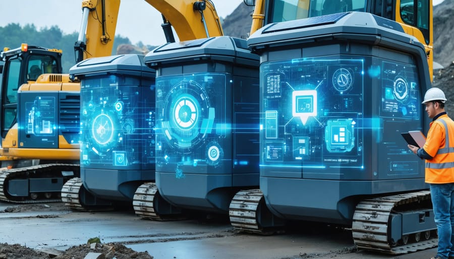 Futuristic construction site showcasing advanced smart waste bins with digital interfaces and connectivity displays, integrated within an eco-friendly environment.