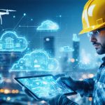 A futuristic construction site featuring workers interfacing with digital project management tools displayed as holograms, surrounded by drones and data streams, illustrating the integration of modern technology in construction.