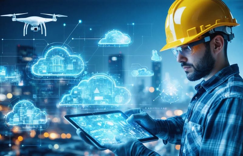 A futuristic construction site featuring workers interfacing with digital project management tools displayed as holograms, surrounded by drones and data streams, illustrating the integration of modern technology in construction.