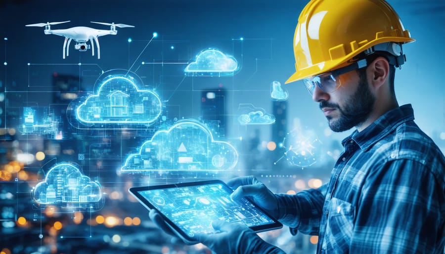 A futuristic construction site featuring workers interfacing with digital project management tools displayed as holograms, surrounded by drones and data streams, illustrating the integration of modern technology in construction.