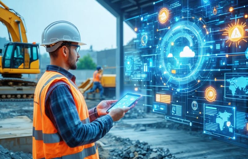 A futuristic construction site with IoT sensors and smart devices visibly integrated. Construction workers access a digital dashboard displaying real-time data on energy efficiency and optimization, with visual data streams illustrating seamless monitoring technology integration.