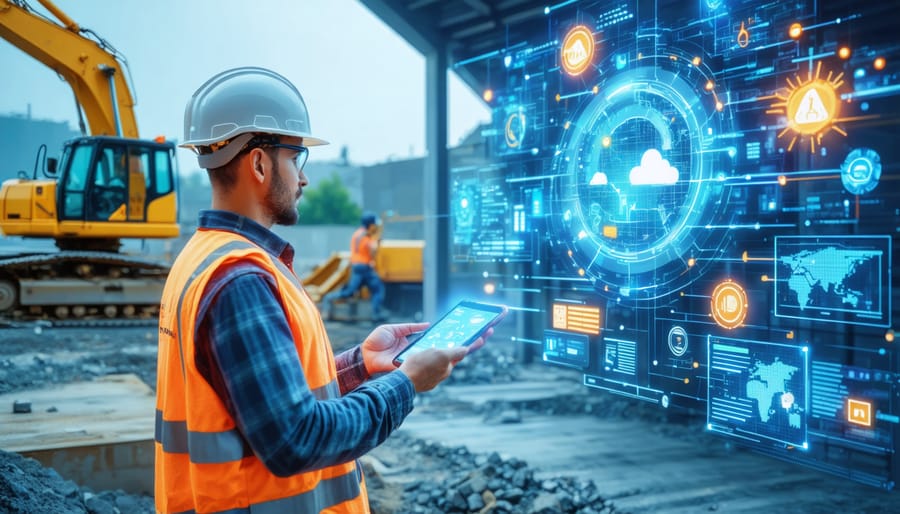 A futuristic construction site with IoT sensors and smart devices visibly integrated. Construction workers access a digital dashboard displaying real-time data on energy efficiency and optimization, with visual data streams illustrating seamless monitoring technology integration.