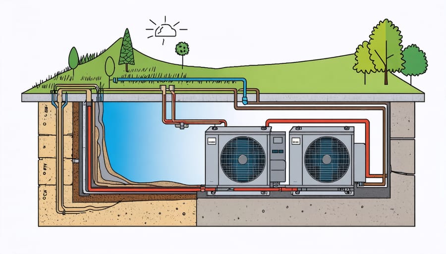 Detailed diagram showing underground geothermal heat pump components and ground loops