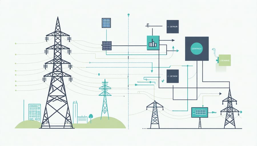 Comparison diagram: Traditional centralized power grid on left versus decentralized energy network on right