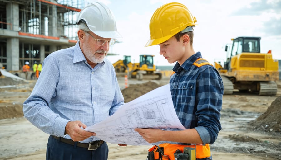 "A senior construction manager and a young site supervisor review detailed building plans on a bustling construction site, emphasizing mentorship and leadership development within the construction industry."
