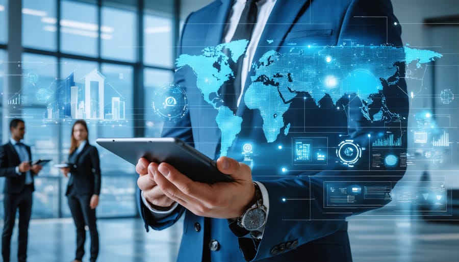 Professional property manager using a digital tablet to oversee building operations, illustrating the integration of technology in modern property management.