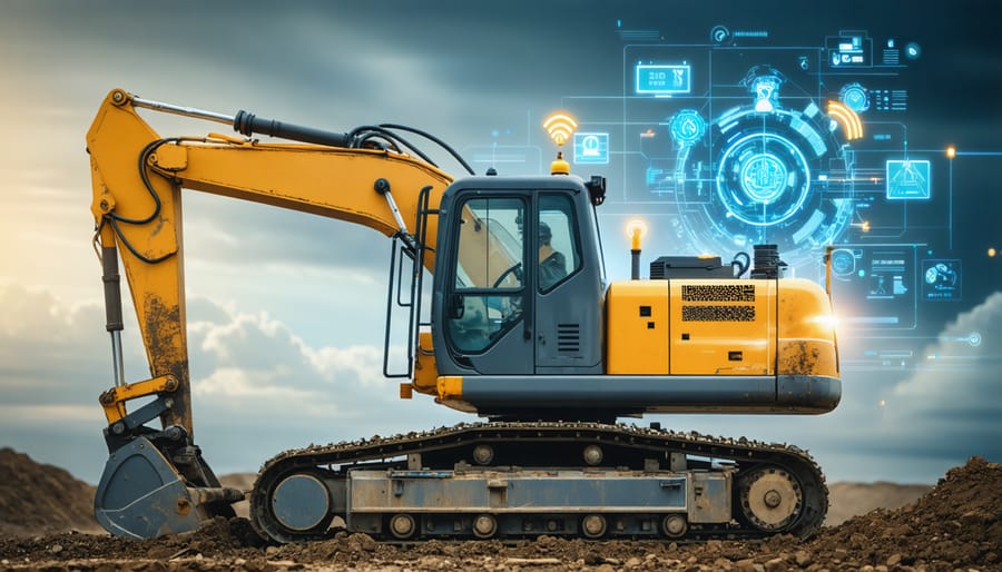 Construction machinery equipped with IoT sensors and monitoring system displaying maintenance data