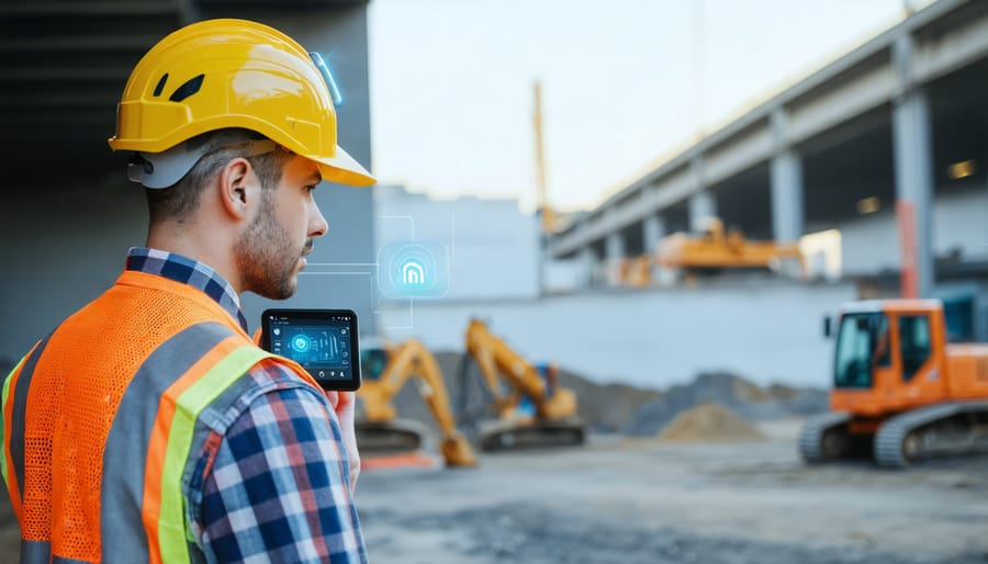 Construction worker equipped with IoT-enabled safety equipment on construction site