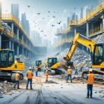 A dynamic construction site depicting the K-Cycle program transforming waste into sustainable building materials with advanced technology integration.