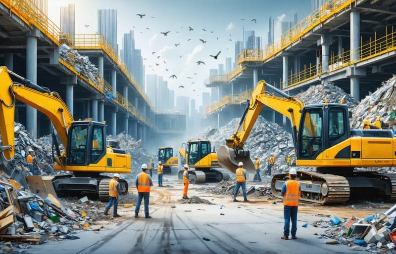 A dynamic construction site depicting the K-Cycle program transforming waste into sustainable building materials with advanced technology integration.