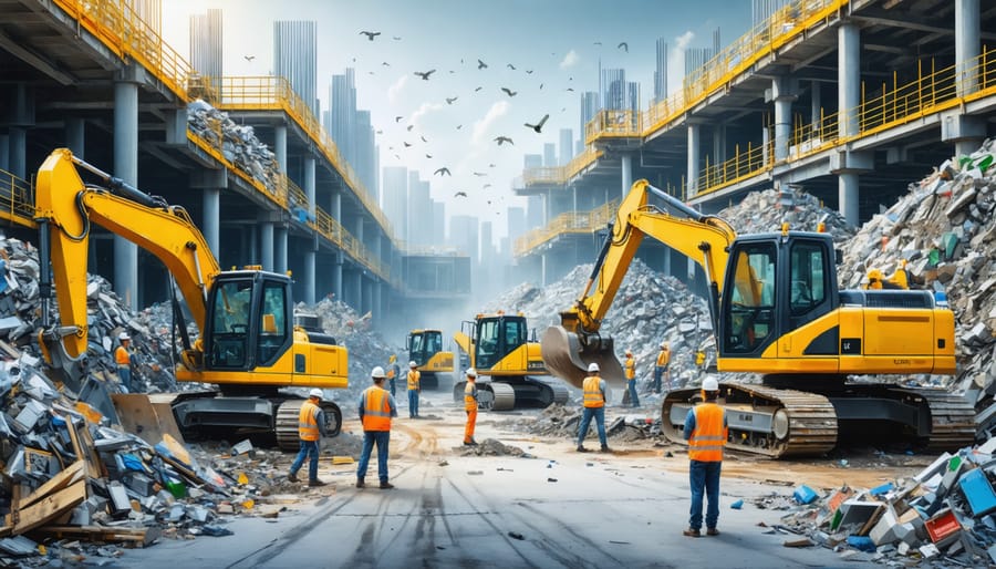 A dynamic construction site depicting the K-Cycle program transforming waste into sustainable building materials with advanced technology integration.