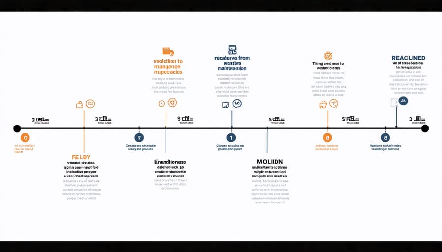 Visual progression of maintenance strategies from reactive to preventive to predictive maintenance over time